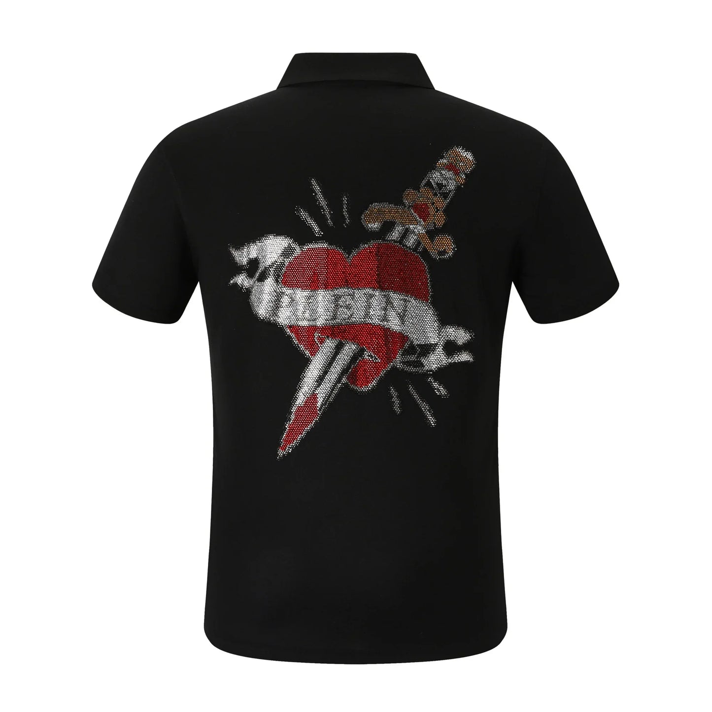 Black polo shirt with a red heart and dagger design on the back against a white background