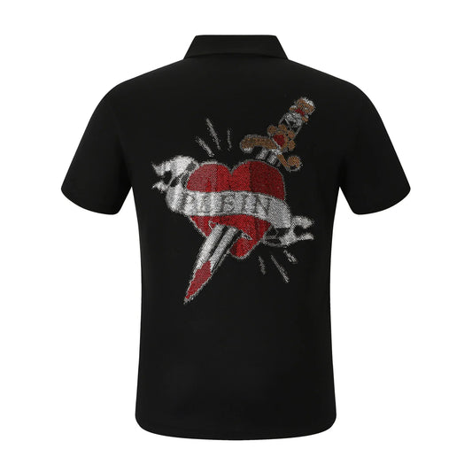 Black polo shirt with a red heart and dagger design on the back against a white background