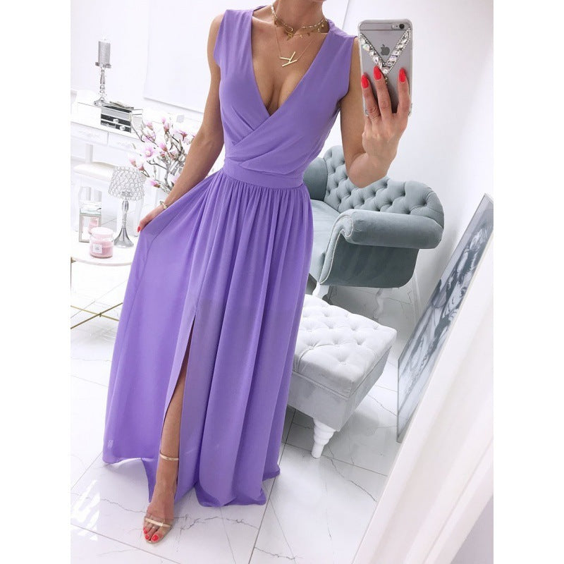 Women's Sleeveless V-Neck Front Split Maxi Dress – Summer Solid Color Long Skirt