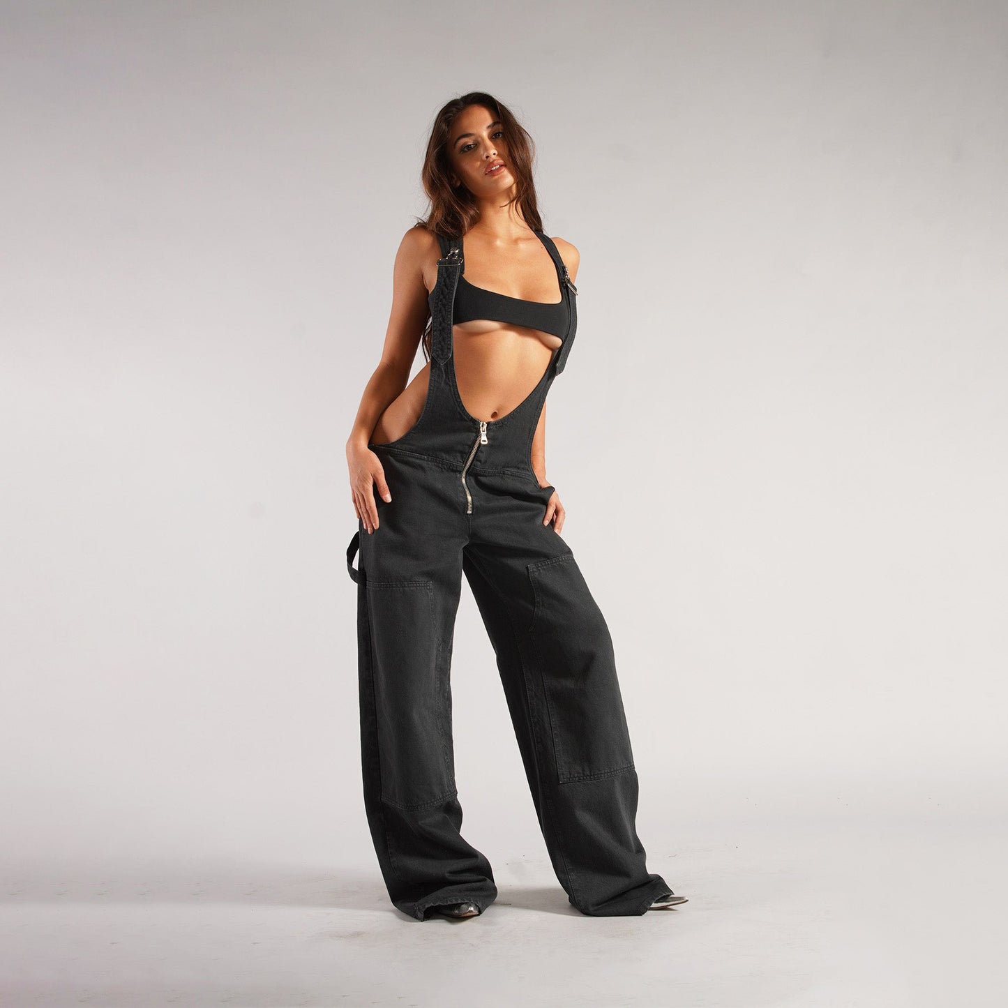 Y2K Zipper Denim Overalls With Pockets, Loose Suspender Jumpsuit ,Jeans Pants.