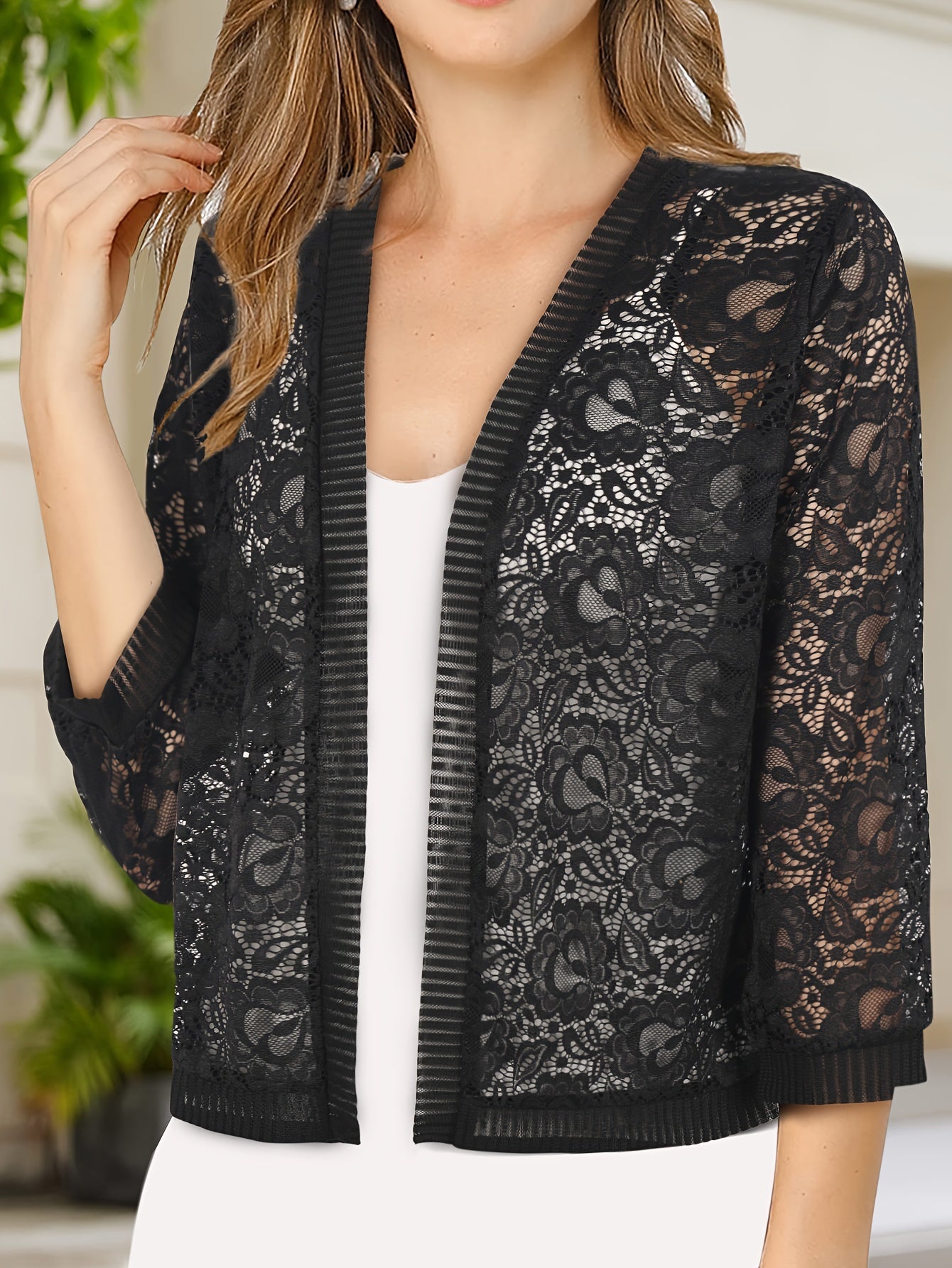 GrabliWorld Floral Lace Open Front Cardigan