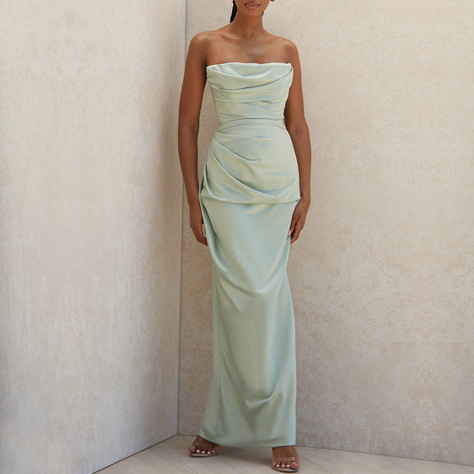 Satin Tube Top Split Dress – Knee-Length Summer Elegance