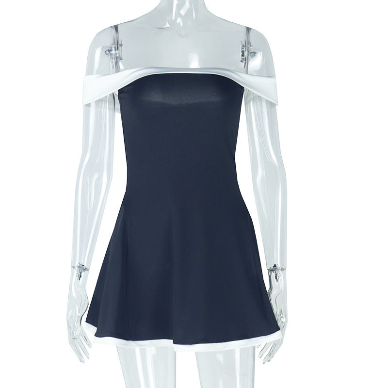 Women's Black & White Patchwork Y2K Backless Mini Dress – Ruched Bodycon Chic