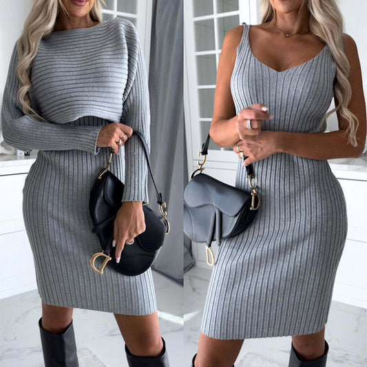 2pcs Women's Long-Sleeve Top & Suspender Skirt Set – Slim Fit Autumn Winter Casual Outfit