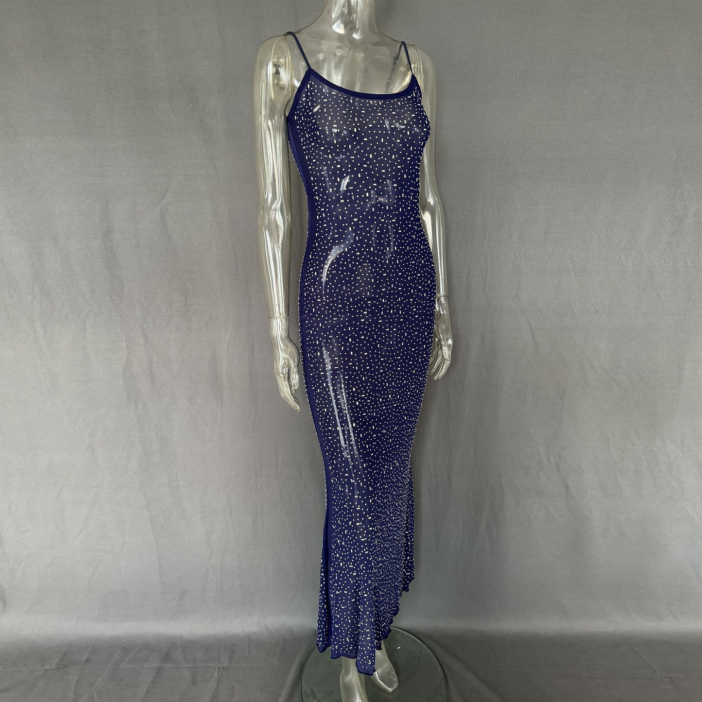 Sheer Mesh Layering Mermaid Dress – Shiny Nude Sequin Suspender Gown | GrabliWorld