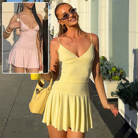 V-neck Suspender Slim Ruffled Short Dresses For Women Clithing