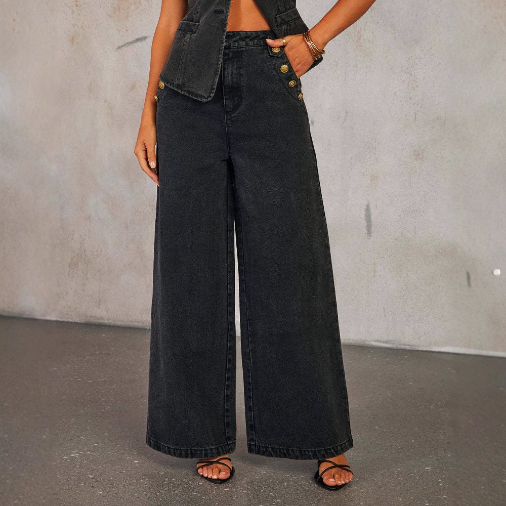 Women's Denim Vest Suit Set – Sleeveless Button Top & Wide-Leg Pocket Pants