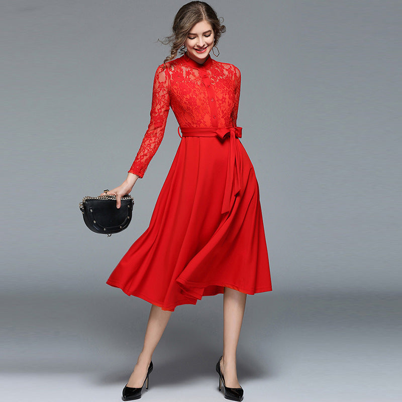 Women’s Hollowed-out Lace Patchwork Lace-Up Skirt