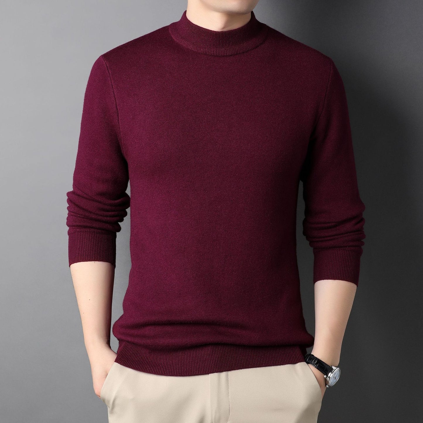 Pure Color Half Collar Men's Slim Fit Sweater Base Sweater