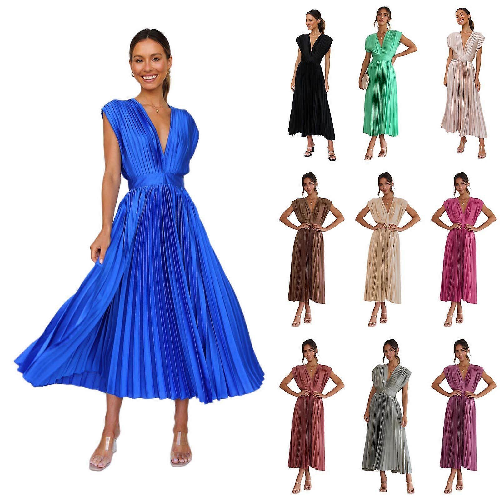 Woman wearing a blue pleated dress with images of other dresses in various colors on a white background.
