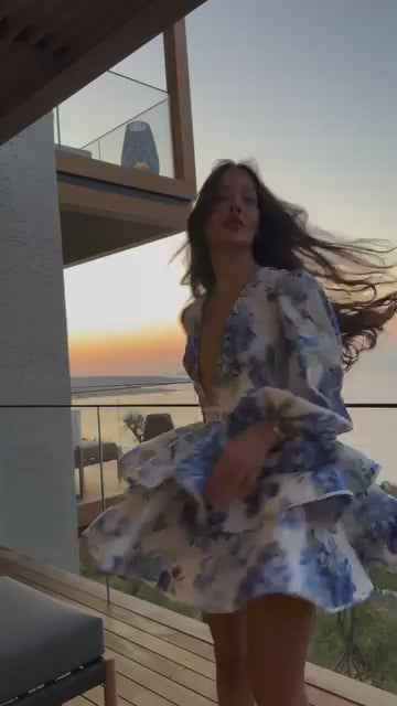 Floral Ruffled Hem Mini Dress – Women’s Deep V-Neck Lantern Sleeve Elegant Party Outfit