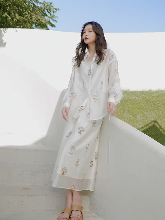 Loose Embroidery Shirt & Elastic Waist Skirt Set – Lyocell Blend, Spring/Summer 2025