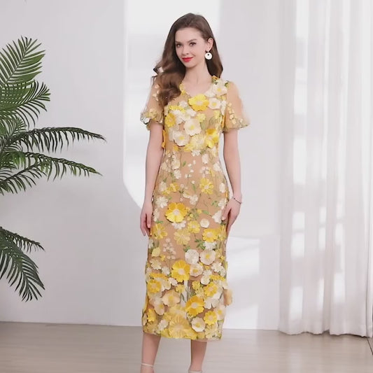 Summer High-end Embroidery Lace Prom Dress Women French Luxury 3D Flower Short Sleeve Long Dress Party Bodycon Holiday Vestido