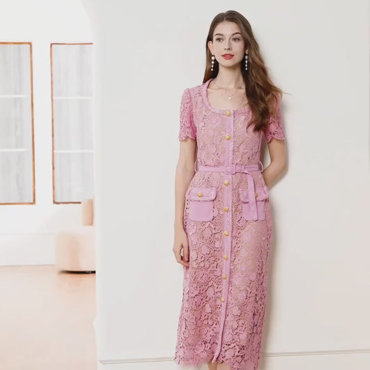 Sheath Bodycon Flower Embroidery Lace Prom Dress – Women's Summer/Fall Short Sleeve Midi Evening Dress