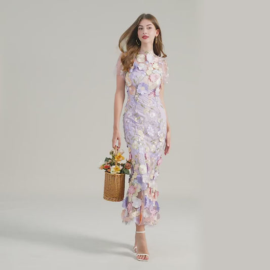 French Luxury 3D Flower Fishtail Lace Prom Dress – Women's Summer Short Sleeve Midi Evening Dress